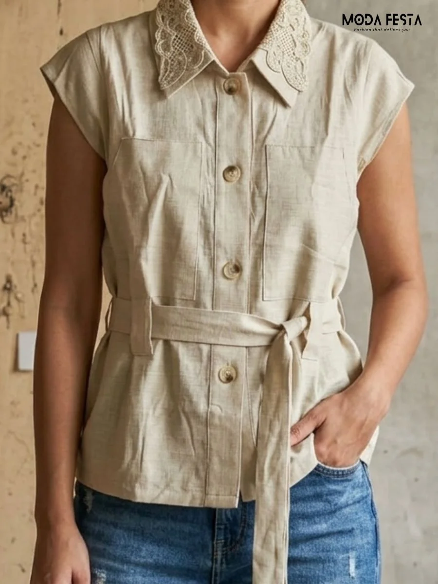 ModaFesta -Lace Collar Button-Down Top with Waist Tie